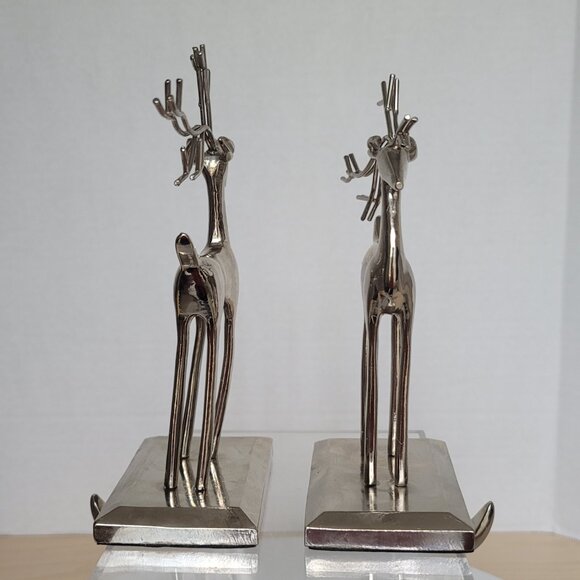 Reindeer Christmas Silver Tone Stocking Holder Hanger Mantel Decoration Set of 2 - Picture 3 of 16